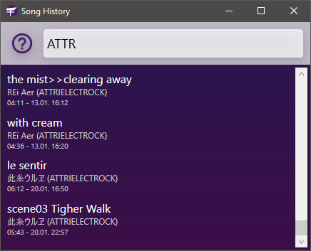 Screenshot of song history window